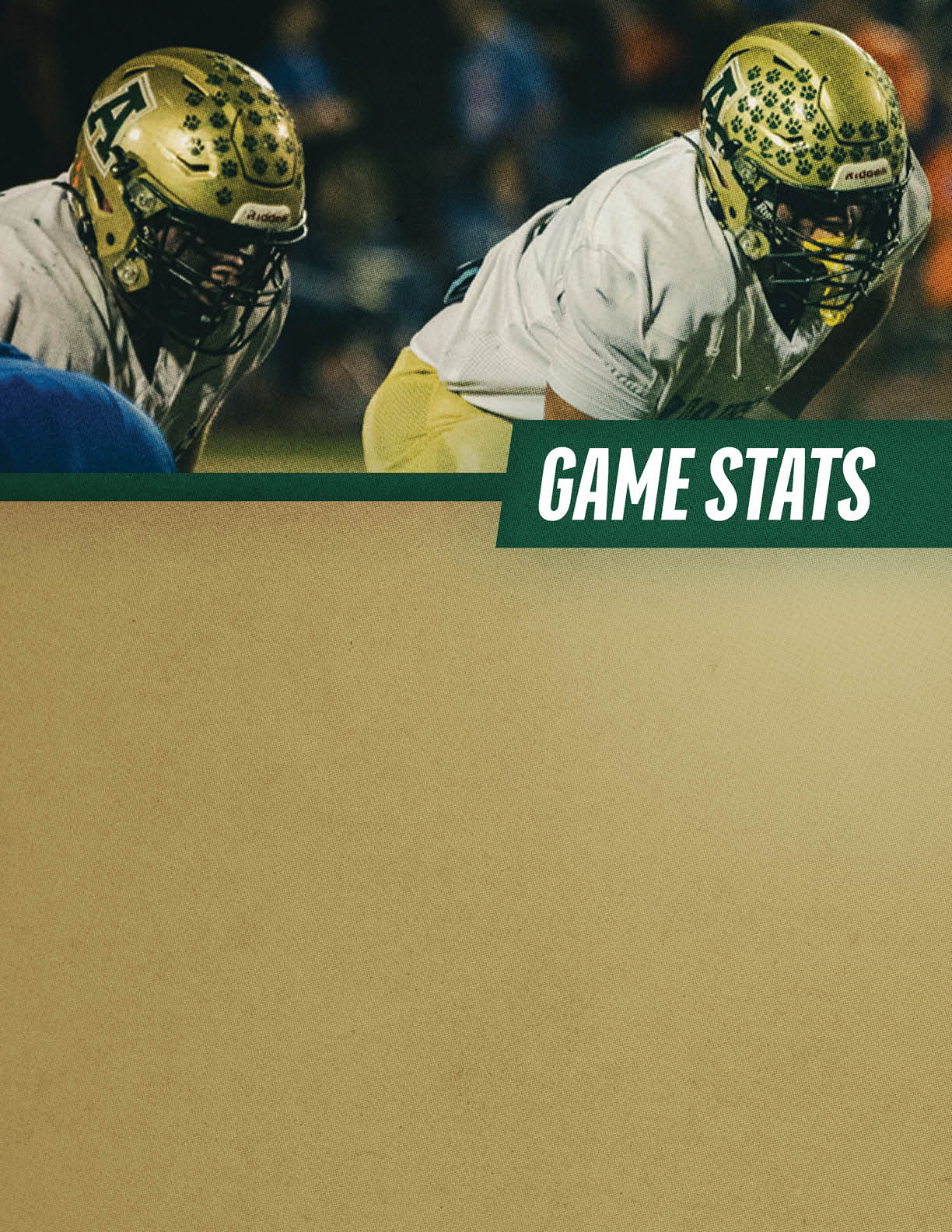 Two people wearing gold helmets and white jerseys are positioned on a football field with a graphic overlay reading game stats. Description generated by AI