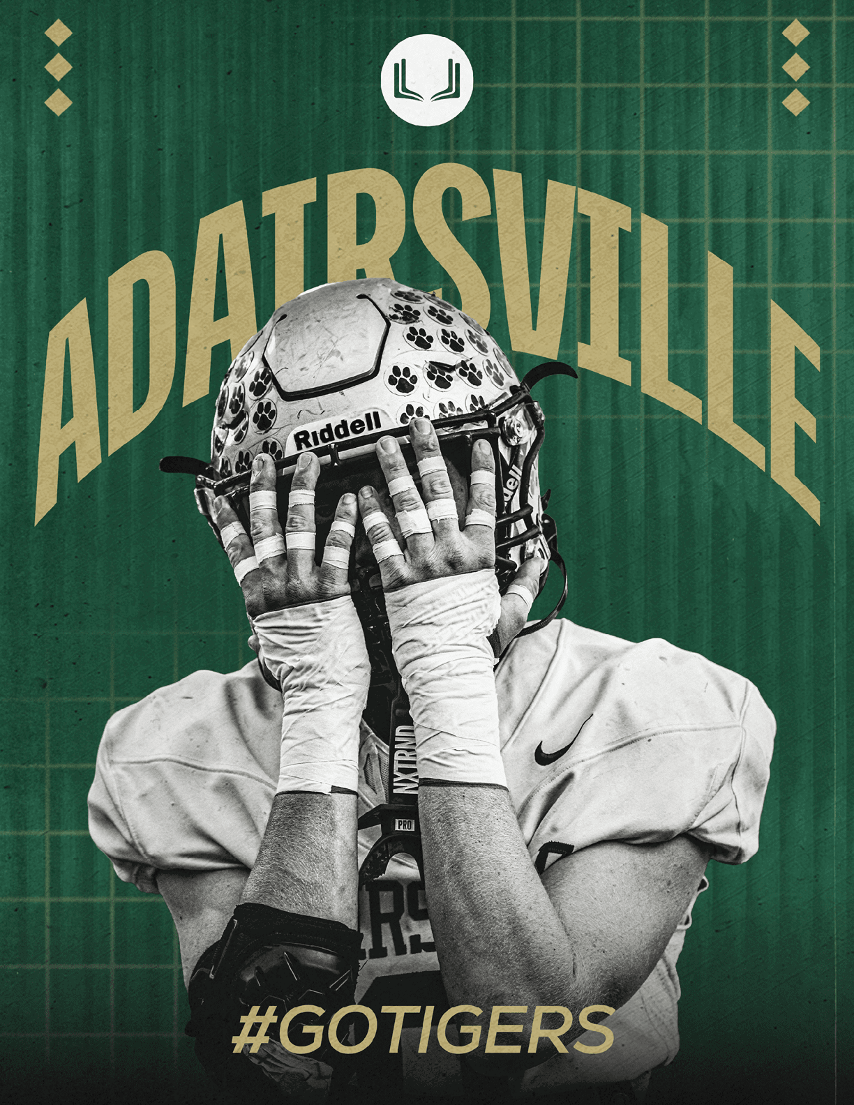 A person wearing a football uniform and helmet is covering their face with both hands against a green background with the word “ADATRSVILLE" and the hashtag "#GOTIGERS" displayed. Description generated by AI