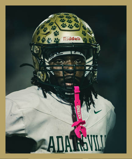 A person wearing a gold football helmet with paw prints and a white jersey with “ADARTSVILLE" written on it is standing on a field. Description generated by AI