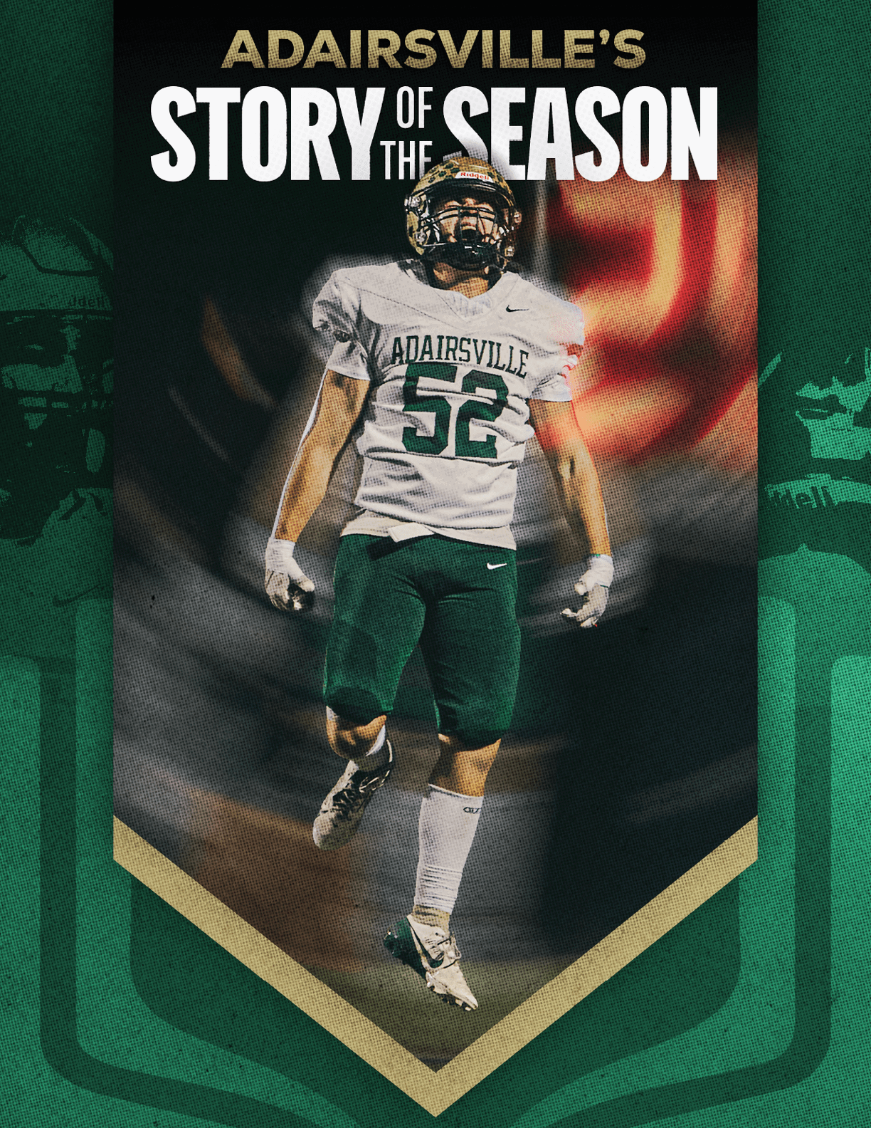 An adult wearing a football uniform with the number 52 and the word Adairsville on the jersey is jumping in the air with a dark background and the text Adairsville's Story of the Season above. Description generated by AI