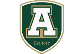 A large white letter A with a gold outline is centered on a dark green shield-shaped background with a gold and white border. Description generated by AI