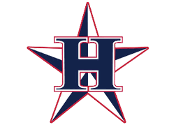 A bold navy blue letter H outlined in white and red is centered over a five-pointed star with alternating navy blue and white sections outlined in red. Description generated by AI