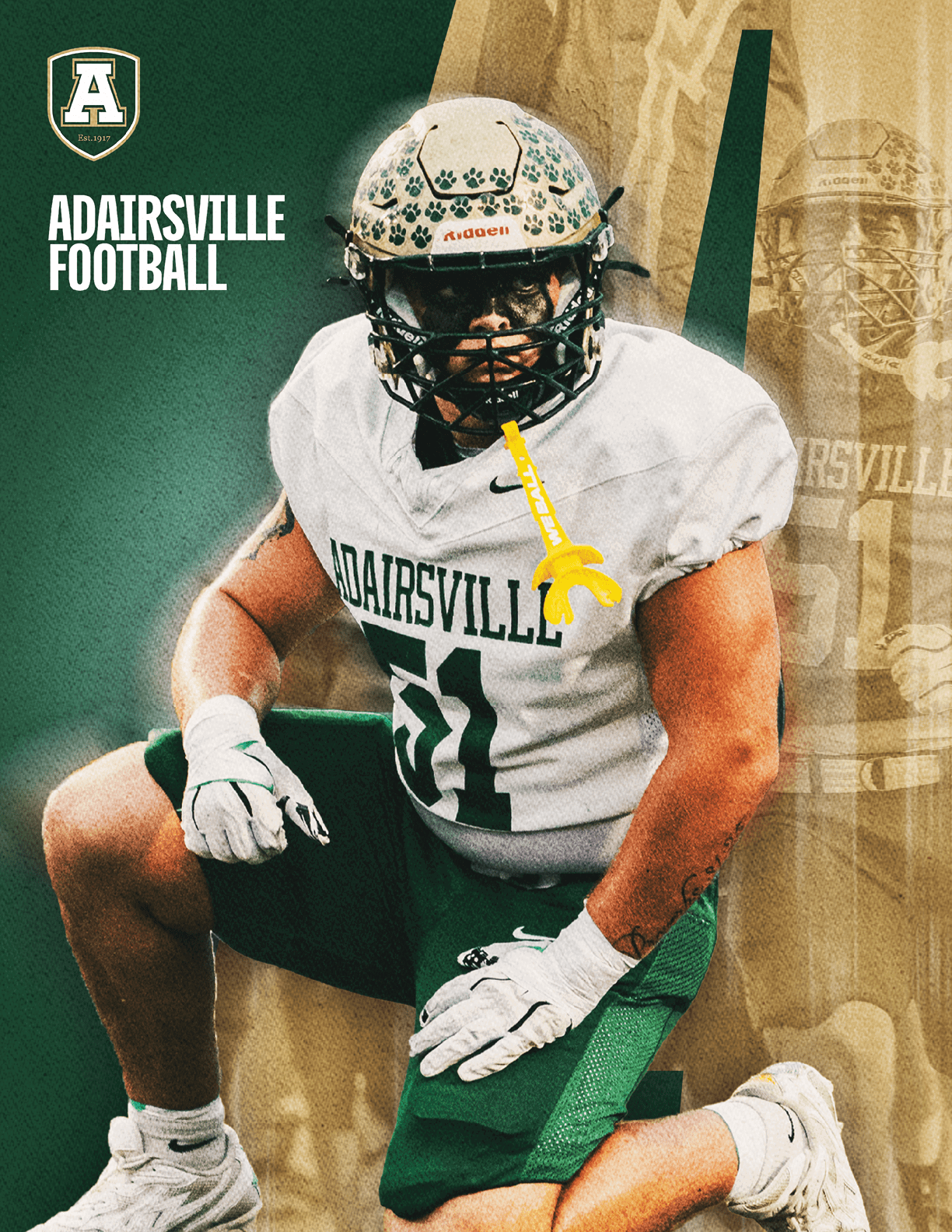 A person wearing a football uniform with a helmet kneels on one knee against a green and gold background with the text Adairsville Football. Description generated by AI