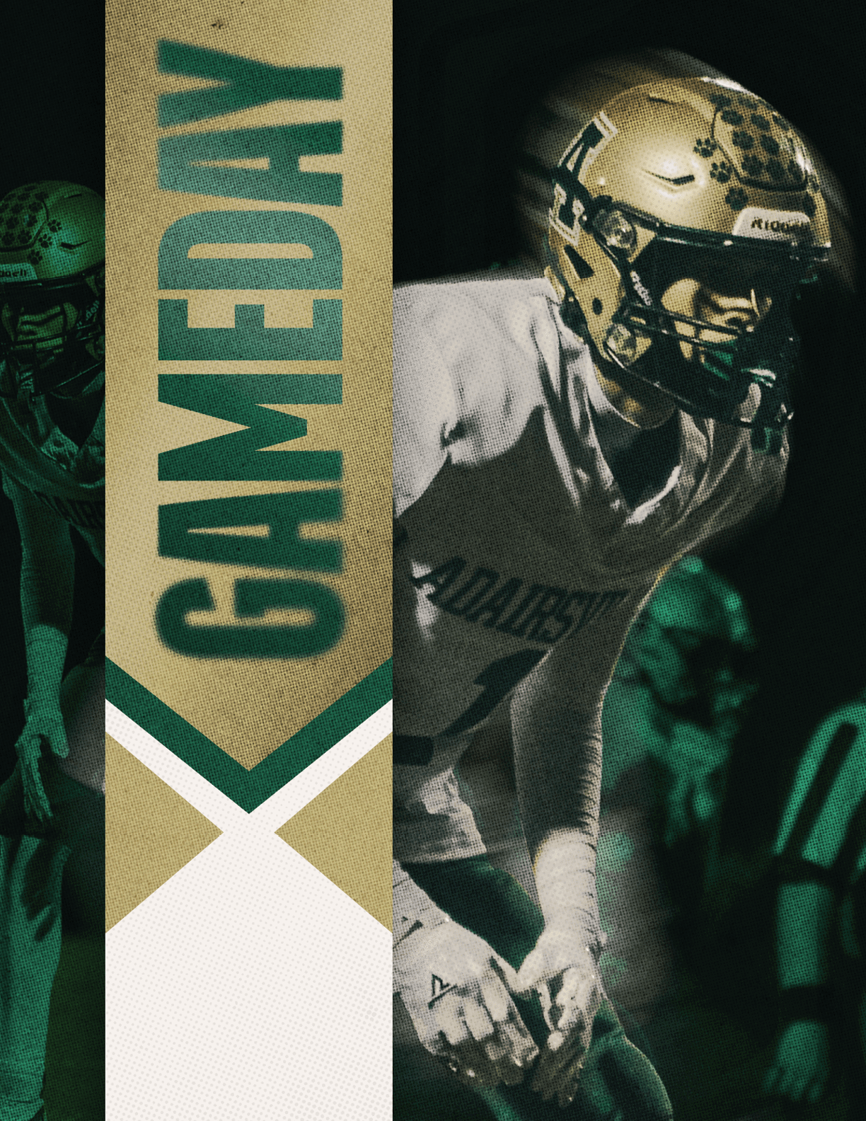 A person wearing a football helmet and uniform is crouched in a ready position on a field with the word GAMEDAY displayed vertically on a textured banner beside them. Description generated by AI