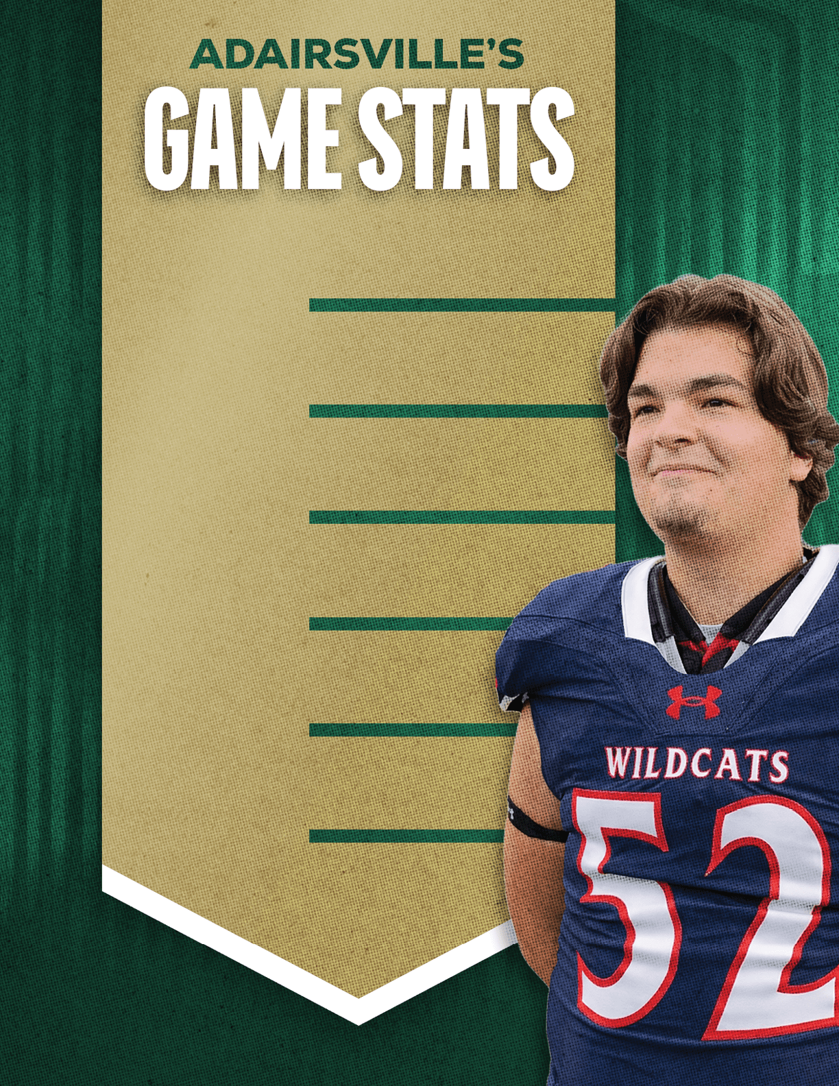 A person wearing a Wildcats football jersey with the number 52 stands next to a banner that reads Adairsville's Game Stats. Description generated by AI