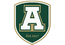 A green and gold shield with a large white letter A in the center and the text Est. 1917 below it. Description generated by AI