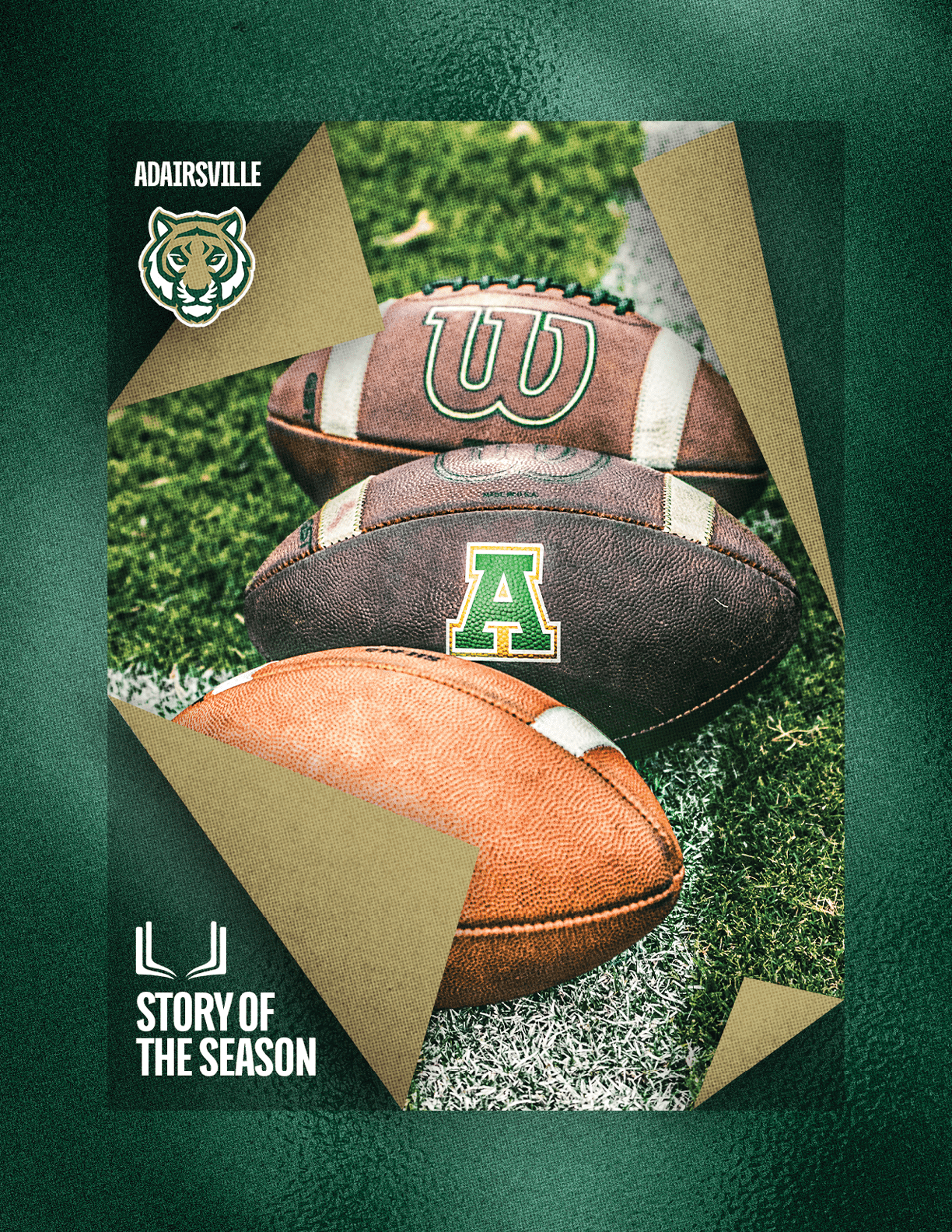 Three footballs are stacked on a grassy field with a design overlay featuring the text “Adairsville," a tiger logo, and "LJ Story of the Season." Description generated by AI