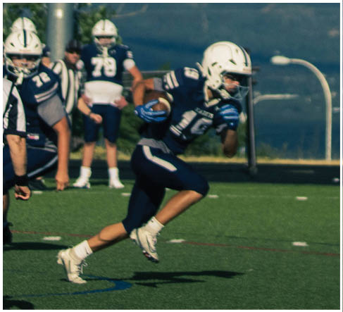 A football player running on the field. Description generated by AI