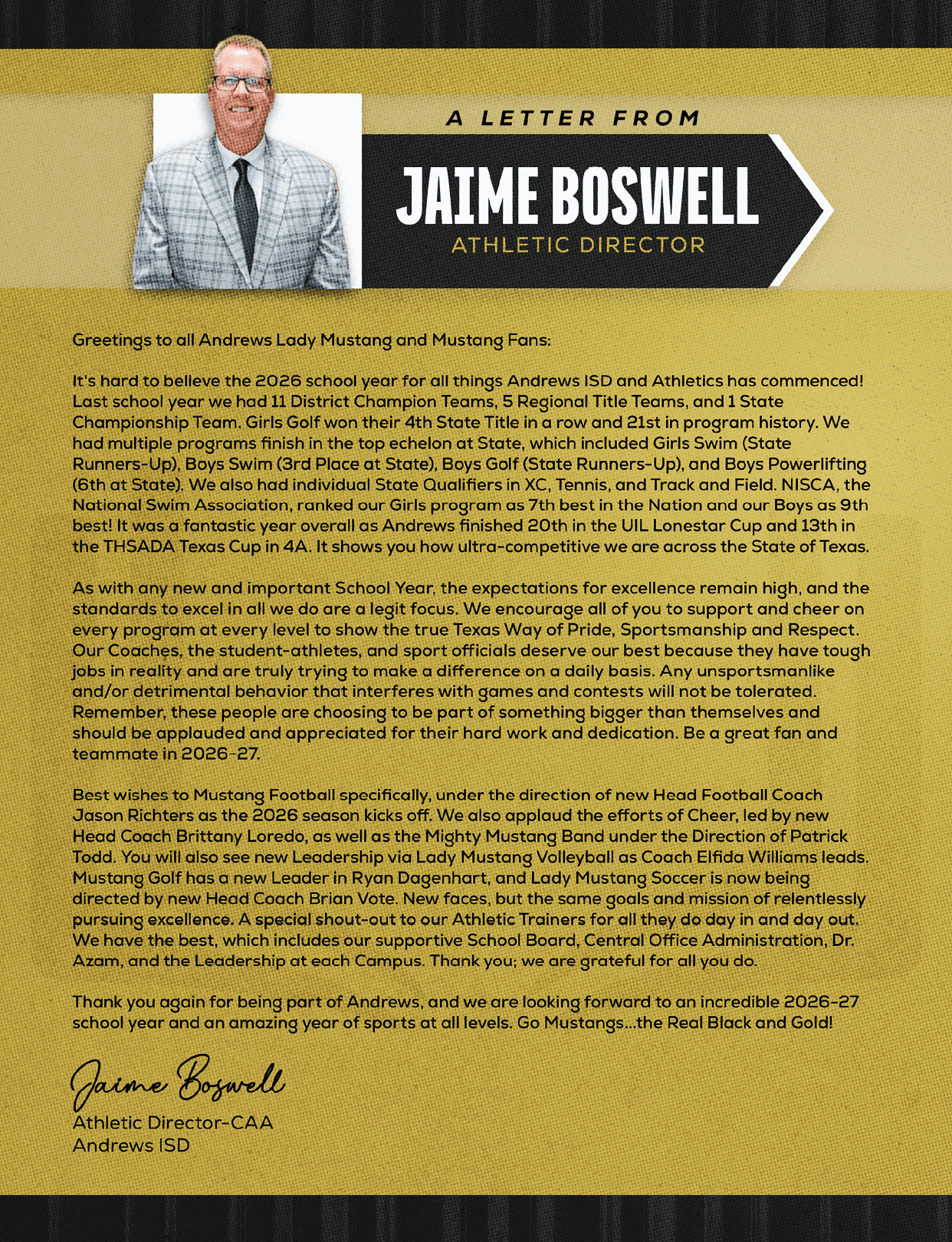A formal letter from Jaime Boswell, Athletic Director, featuring a portrait of a person in a suit and tie, addressing the Andrews Lady Mustangs and Mustang fans with updates and reflections on the athletic program. Description generated by AI