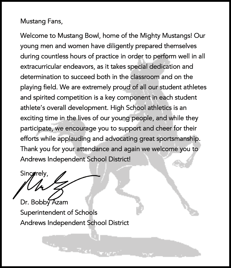 A letter from Dr. Bobby Azam, Superintendent of Schools, welcoming Mustang Bowl fans and expressing pride in student athletes and the importance of high school athletics. Description generated by AI