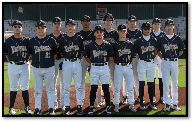 A group of people wearing matching dark baseball jerseys and white pants stand together on a baseball field in a stadium. Description generated by AI