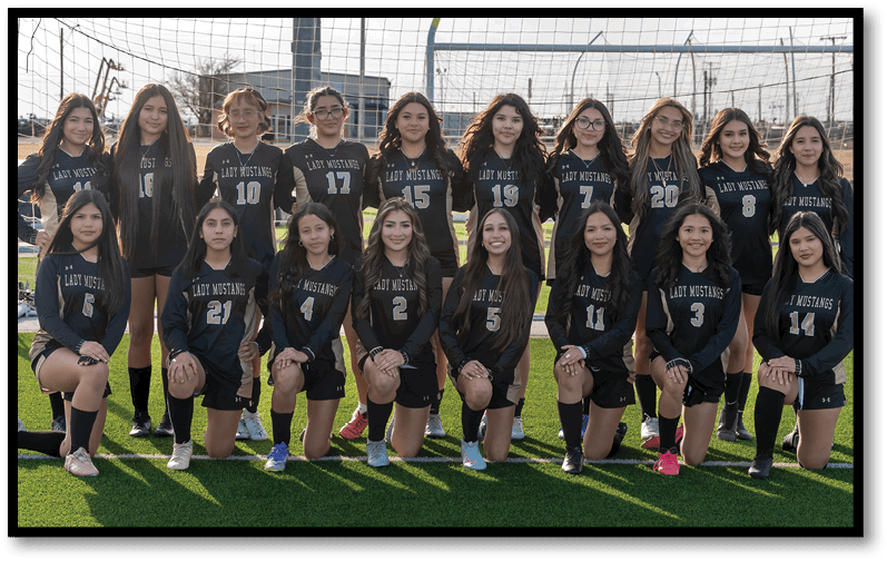 A group of people wearing matching sports uniforms with “Lady Mustangs" printed on them are posing together on a soccer field in front of a goal net. Description generated by AI