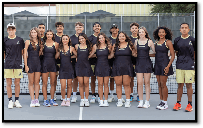 A group of people wearing matching black athletic outfits and standing on a tennis court in two rows with a net and fence in the background. Description generated by AI