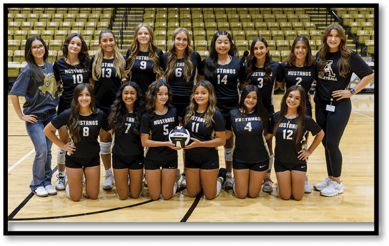 A group of adults wearing matching black sports uniforms with “Mustangs" printed on them pose together on an indoor volleyball court, with some kneeling and others standing behind them. Description generated by AI