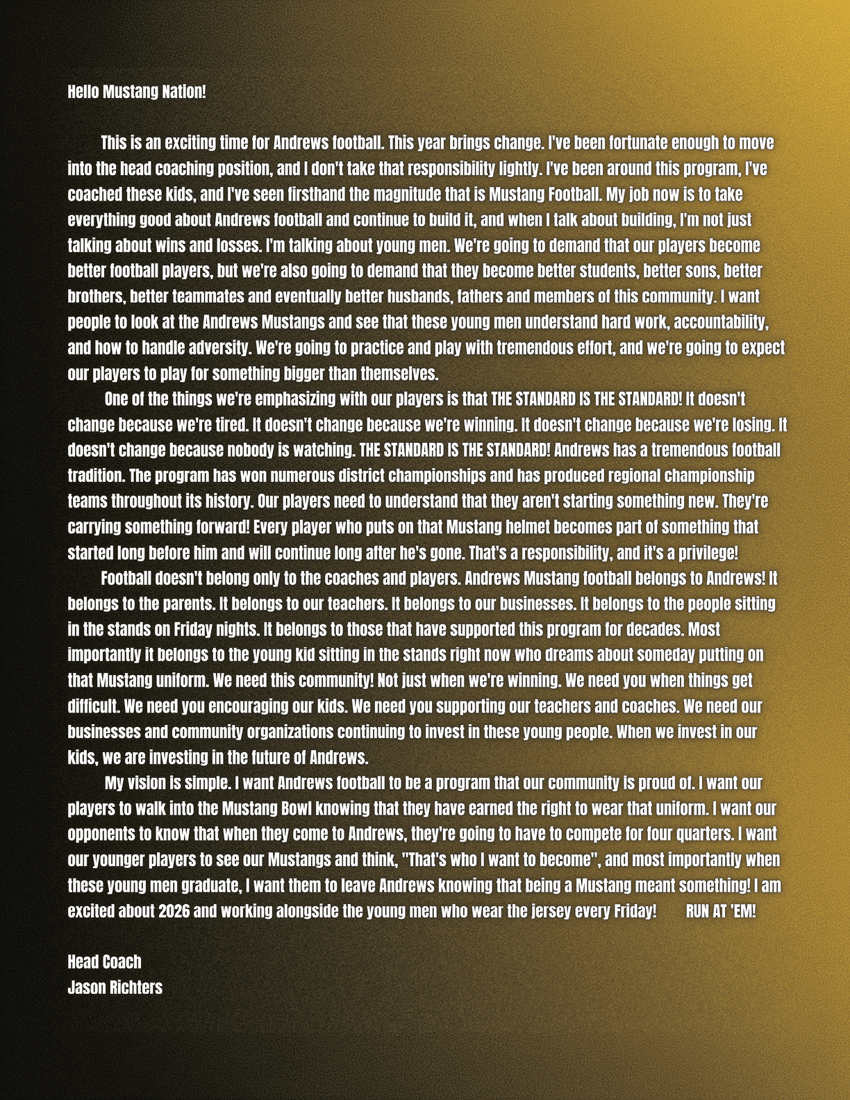 A motivational letter from a head coach named Jason Richters addresses the Mustang Nation about changes and improvements in the Andrews football program, emphasizing teamwork, community support, and future goals. Description generated by AI