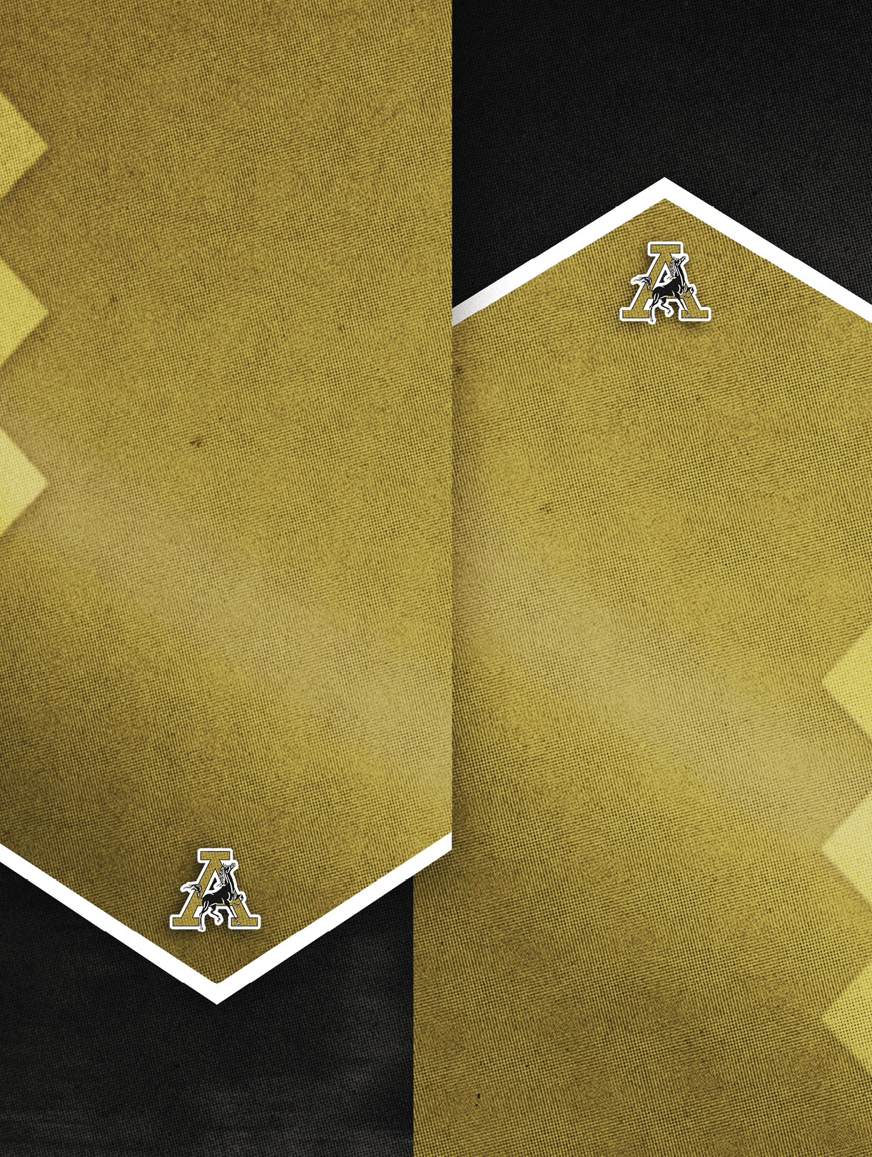 Two gold and black textured banners with a white-bordered chevron design and a small stylized letter A logo near the bottom and top edges. Description generated by AI