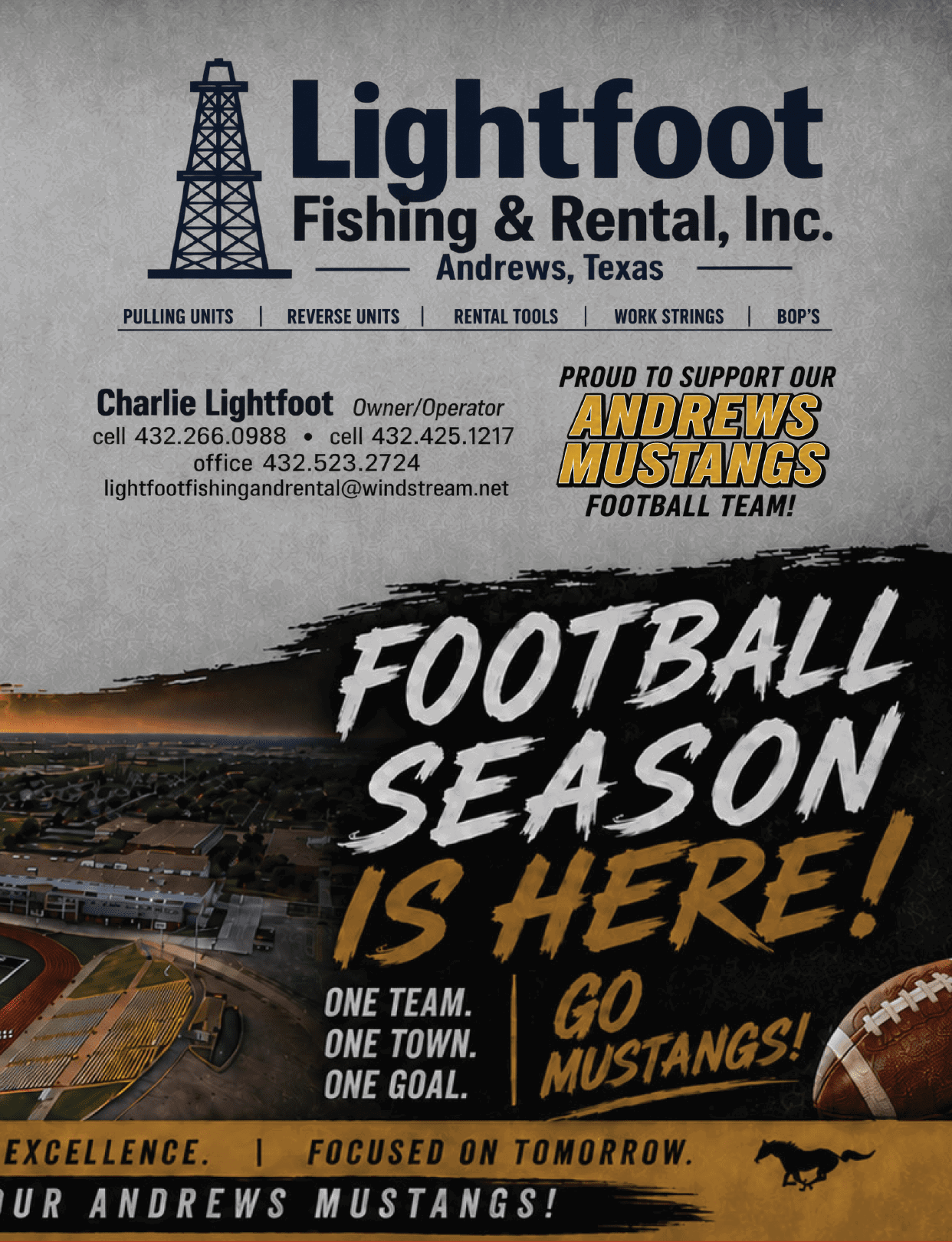 An advertisement for Lightfoot Fishing & Rental supporting the Andrews Mustangs football team with a background of a football field and a football. Description generated by AI