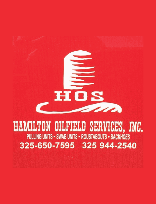 A red background with white text displaying the acronym HOS, the name “Hilton Oilfield Services," and a list of services including drilling units, swab units, roustabouts, and backhoe along with partial phone numbers. Description generated by AI