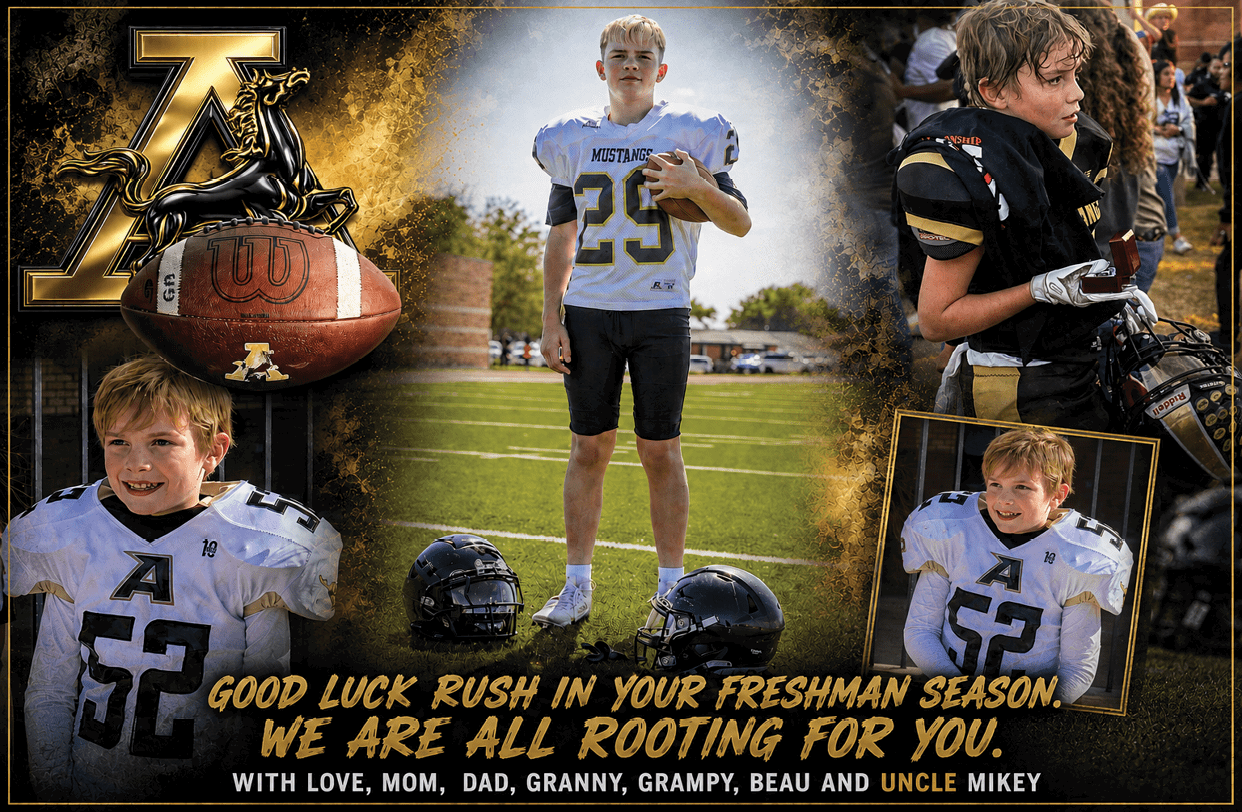 A collage of children in football uniforms with helmets on a field and a message wishing good luck for a freshman football season. Description generated by AI