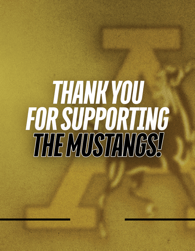Thank you message in bold white and black text on a yellow background with a faint image of a mustang and a large letter A behind the text. Description generated by AI