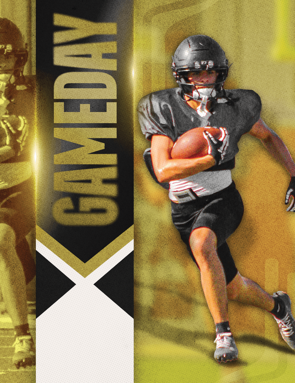 A person wearing a black football uniform and helmet is running with a football on a field with the word GAMEDAY displayed vertically beside them. Description generated by AI