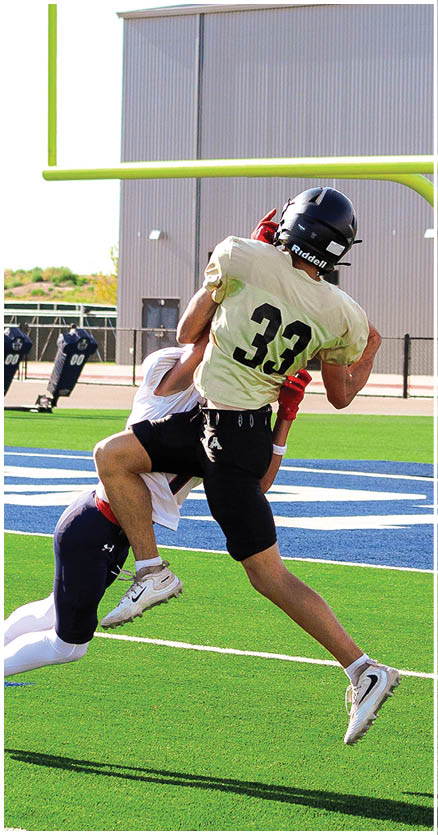 Two people in football uniforms are engaged in a play near the end zone with one person jumping and the other attempting to tackle. Description generated by AI