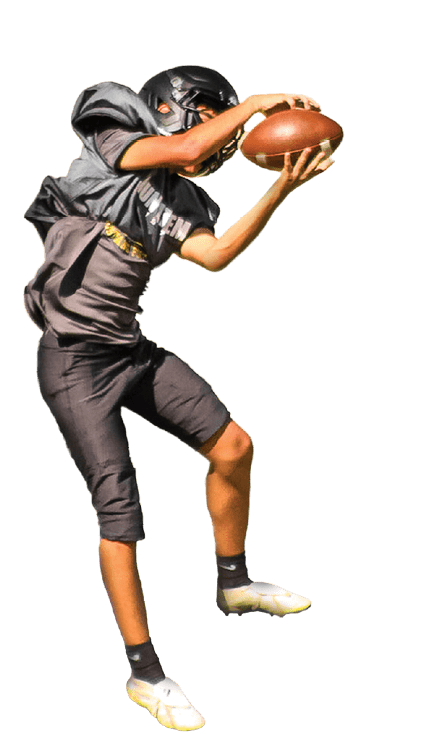 A person wearing a black football uniform and helmet is jumping and reaching out to catch a football. Description generated by AI