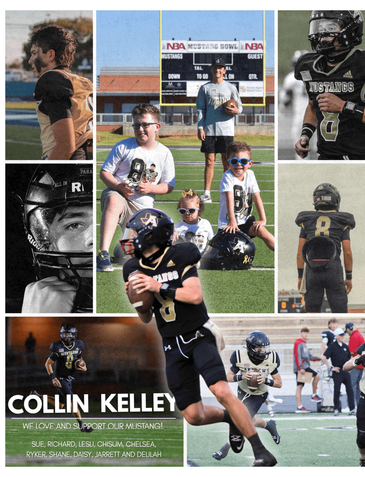 A collage of photos showing a person wearing a black football uniform with the number 8 playing, posing, and interacting with children on a football field with a scoreboard in the background. Description generated by AI