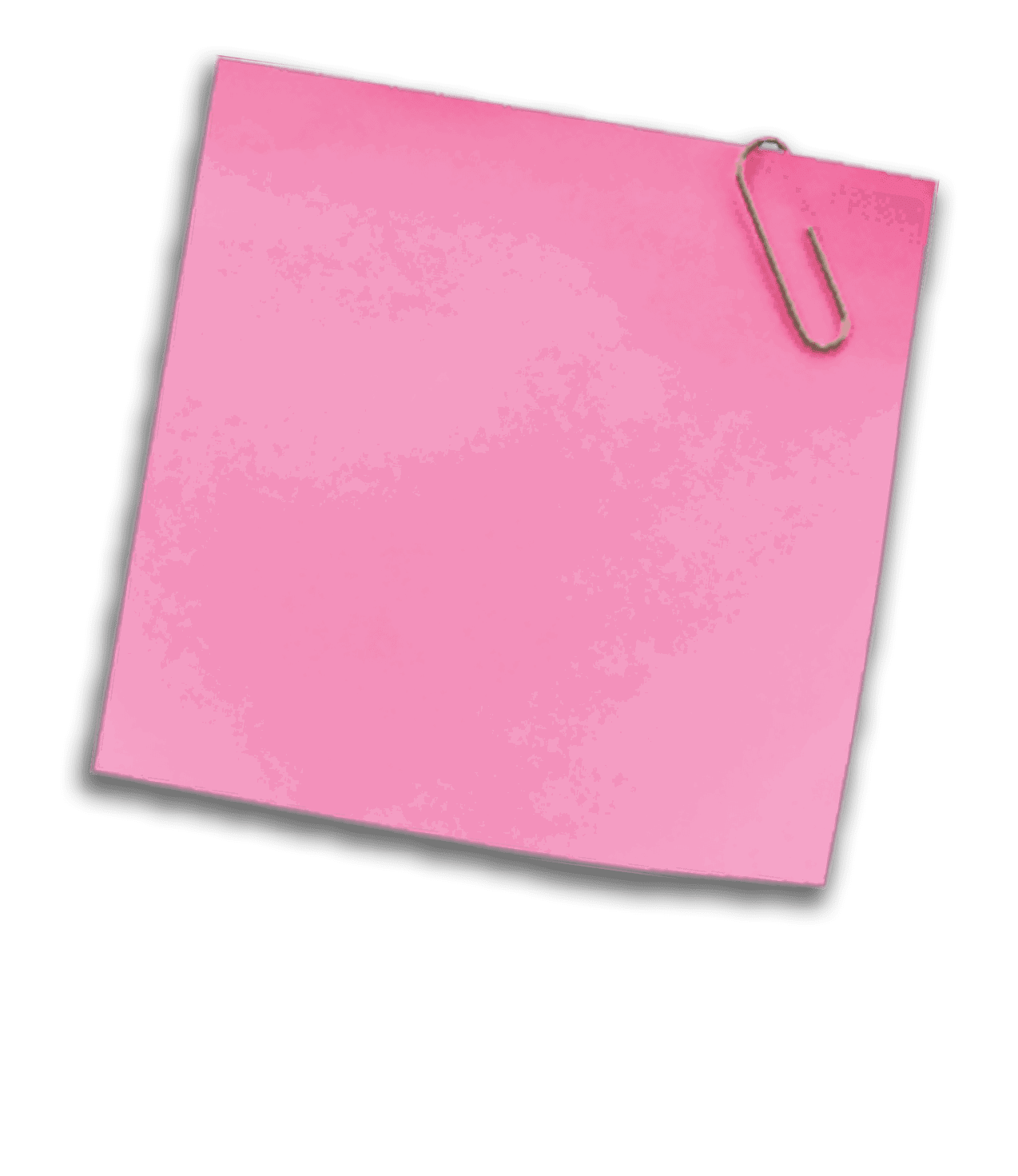 A pink sticky note with a silver paperclip attached to the top right corner on a white background. Description generated by AI