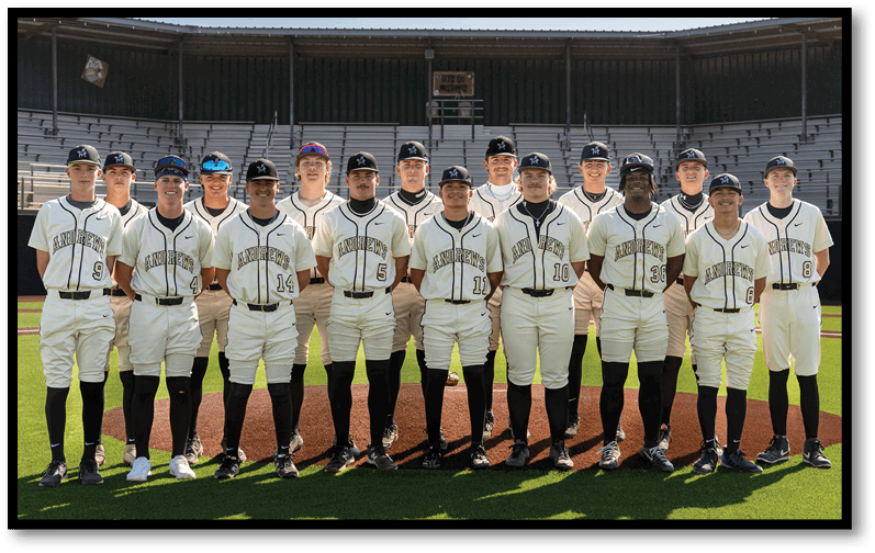 A group of people wearing matching baseball uniforms stands in a line on a baseball field with empty bleachers in the background. Description generated by AI