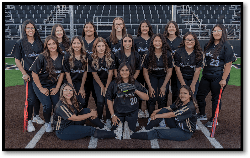 A group of people wearing matching black sports jerseys posing together on a baseball field with some holding bats and one holding a glove. Description generated by AI
