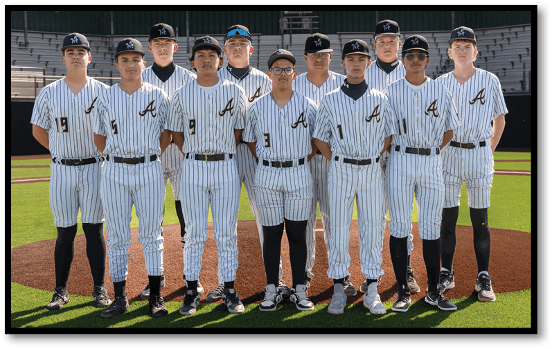 A group of ten people wearing matching striped baseball uniforms and caps stand in a row on a baseball field. Description generated by AI