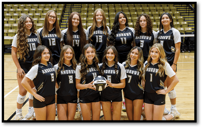 A group of people wearing matching black and white sports uniforms pose together on an indoor volleyball court with one person holding a volleyball. Description generated by AI