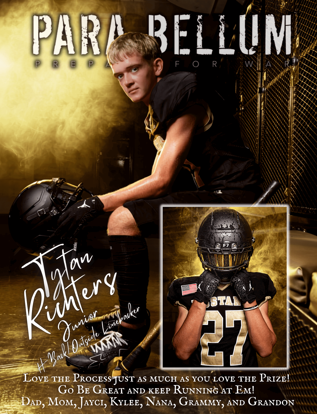 A person in a football uniform sits on a bench holding a helmet with a smaller inset image of the same person in full gear and helmet, with motivational text and the name “Tytan Richters" displayed. Description generated by AI