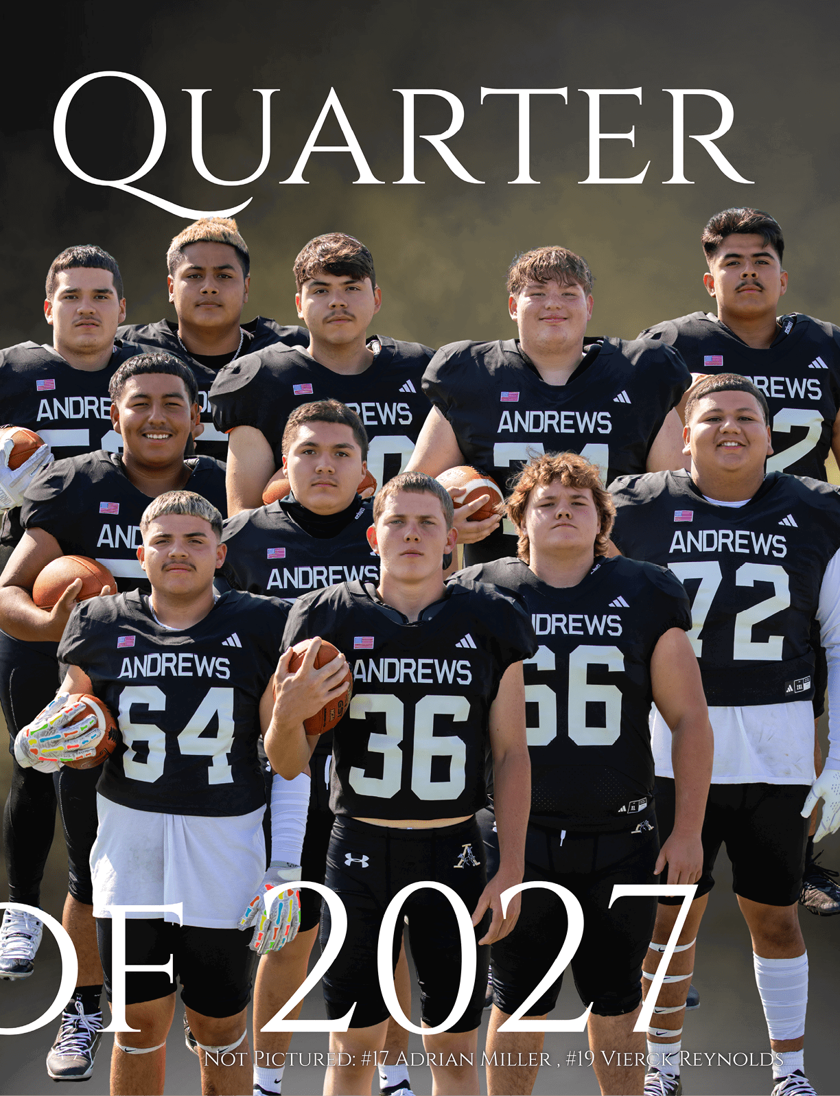 A group of football players wearing black Andrews jerseys pose together holding footballs with a blurred background and large white text partially visible above and below them. Description generated by AI