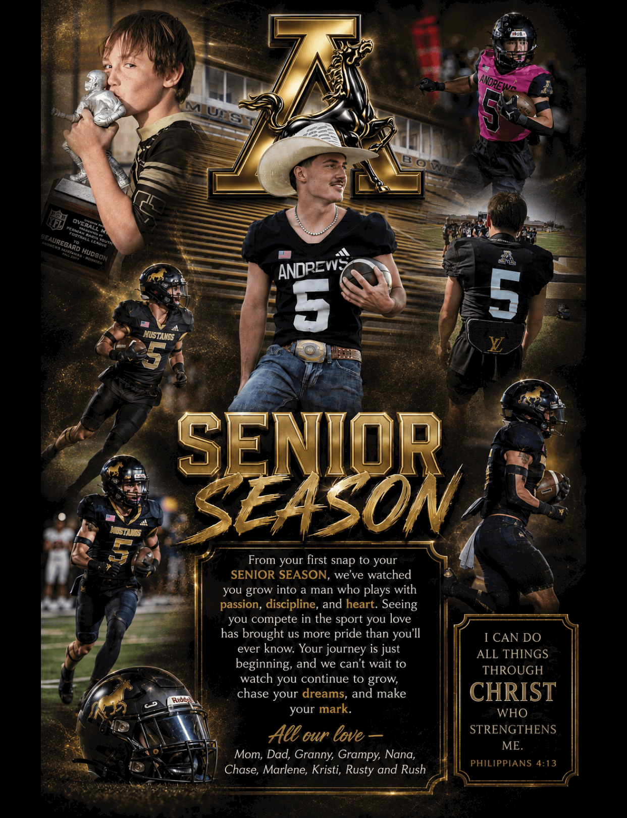 Two people in black football uniforms with “Mustangs" on the jerseys are in action, one running with a football and the other looking ahead, set against a dynamic dark background with gold accents. Description generated by AI