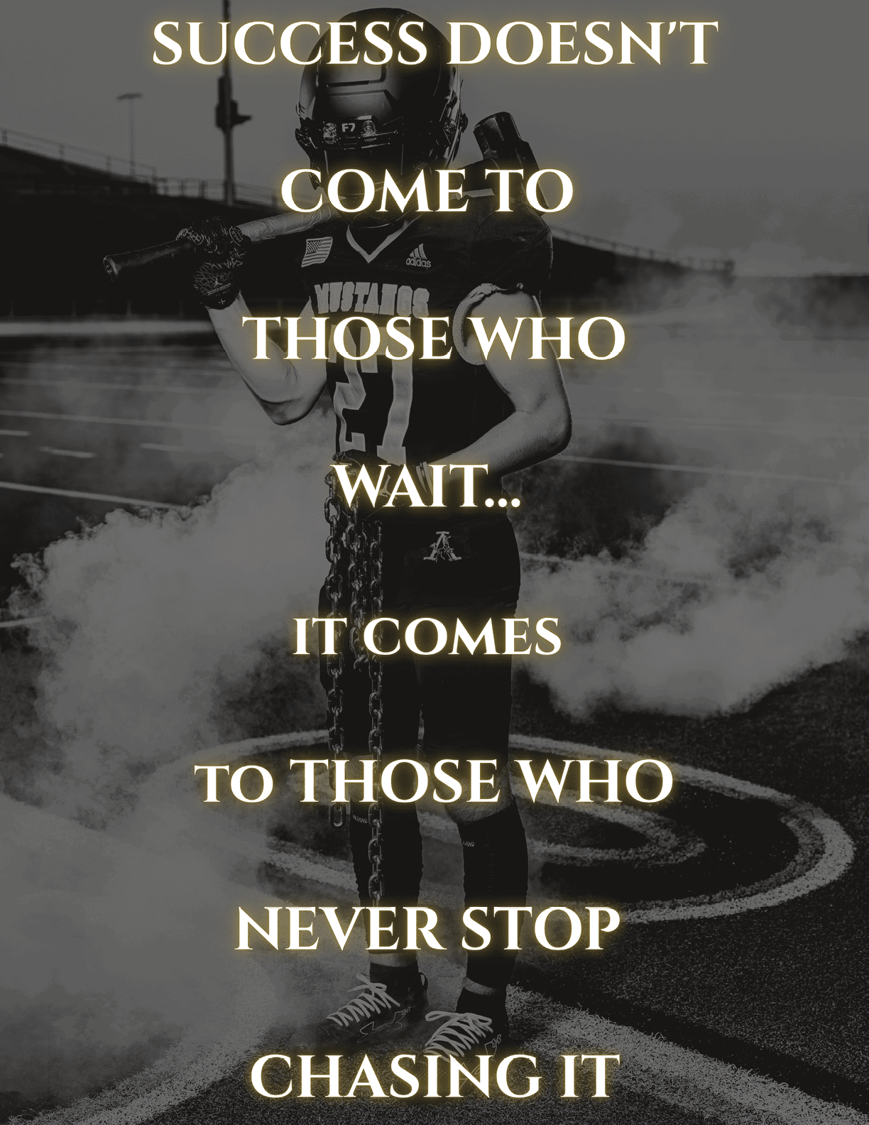 A person in football gear stands on a field surrounded by smoke with a motivational quote about success and perseverance overlaid in glowing text. Description generated by AI