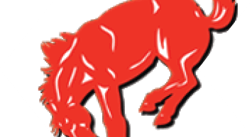 A stylized red horse is depicted in a dynamic, mid-air pose with its head lowered and legs bent. Description generated by AI