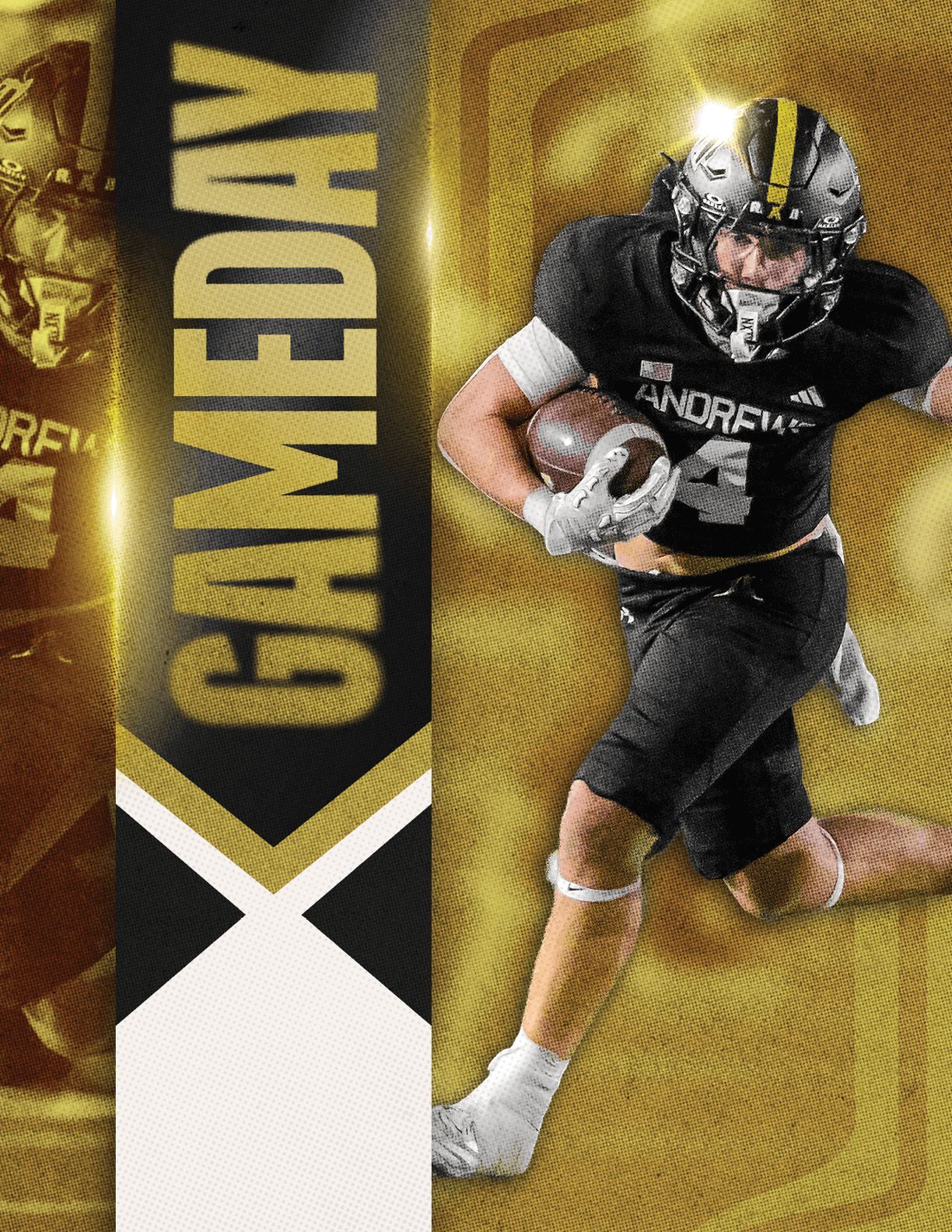 A person in a black football uniform with a helmet is running while holding a football next to a vertical banner that says “GAMEDAY" in bold letters. Description generated by AI