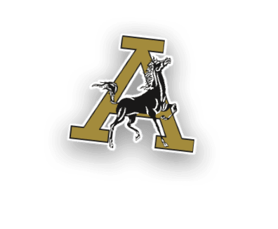 A black horse rearing up is superimposed on a large gold letter A with a bold, block style. Description generated by AI