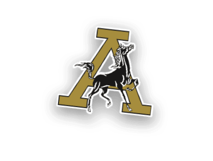 A black horse rearing up is superimposed over a large gold letter A with a bold, block style. Description generated by AI