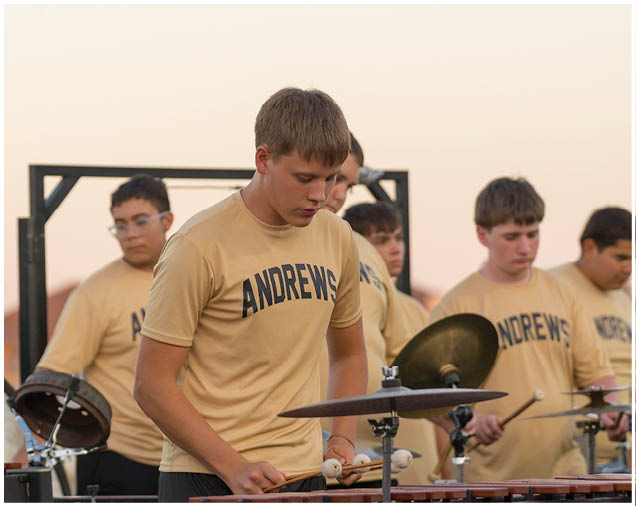 A group of people wearing matching yellow shirts with “ANDREWS" printed on them are playing musical instruments outdoors during sunset. Description generated by AI