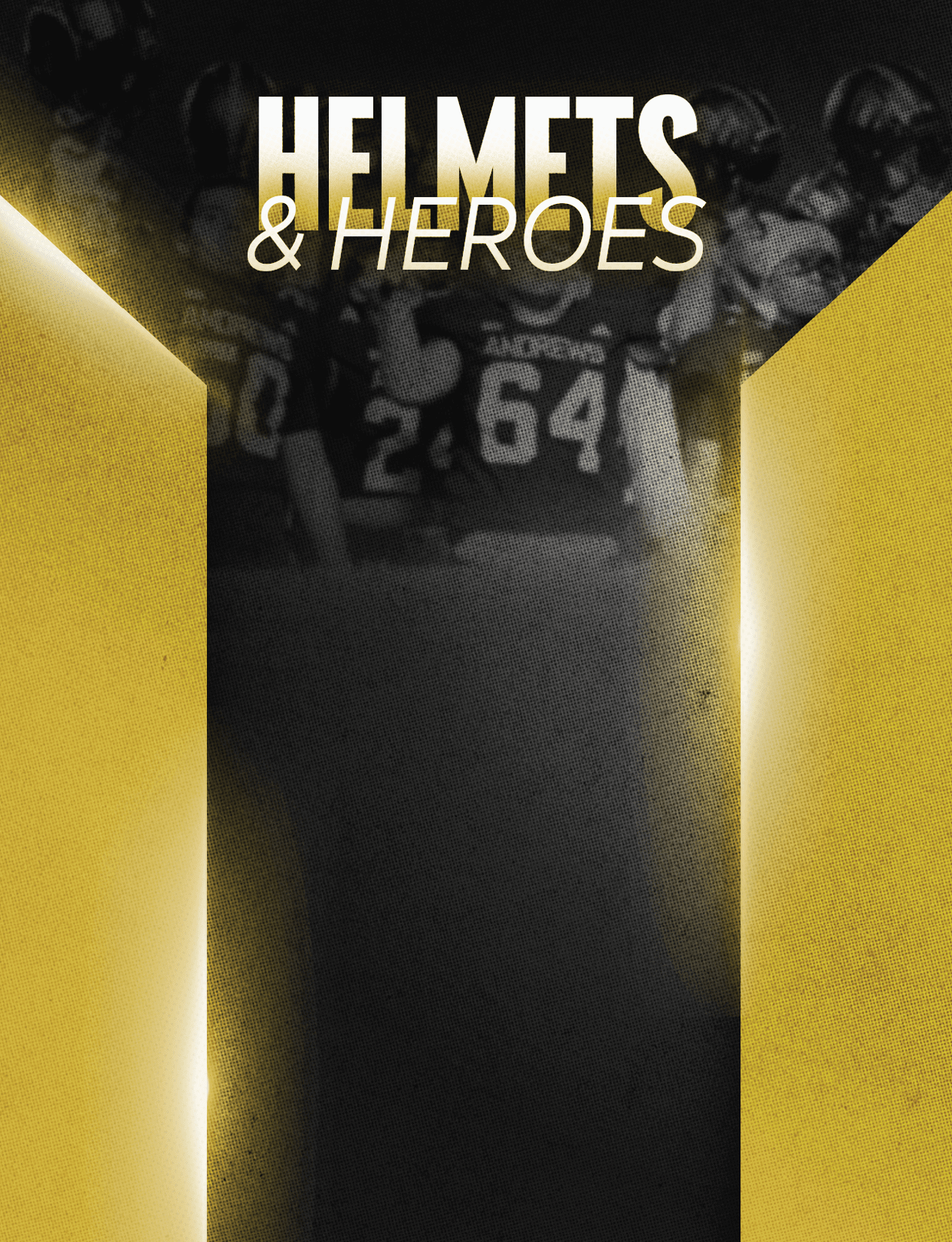 A stylized graphic with the text “HELMETS & HEROES" over a blurred background of people wearing sports helmets and jerseys. Description generated by AI