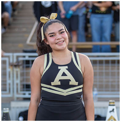 A person wearing a black and gold cheerleading uniform is smiling and holding black and gold pom-poms in a stadium setting. Description generated by AI