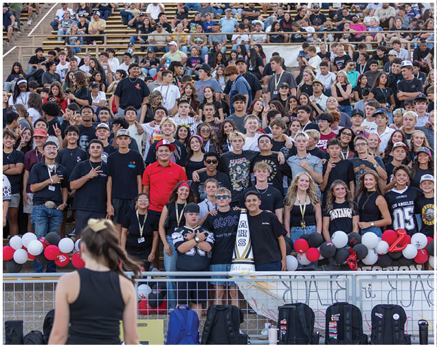 A large group of people wearing casual clothing and some in matching shirts are gathered closely together in stadium bleachers with balloons and backpacks visible in the foreground. Description generated by AI