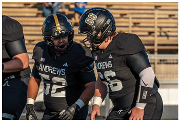 Two people wearing black football uniforms with the word “ANDREWS" and numbers on the front are standing on a football field. Description generated by AI