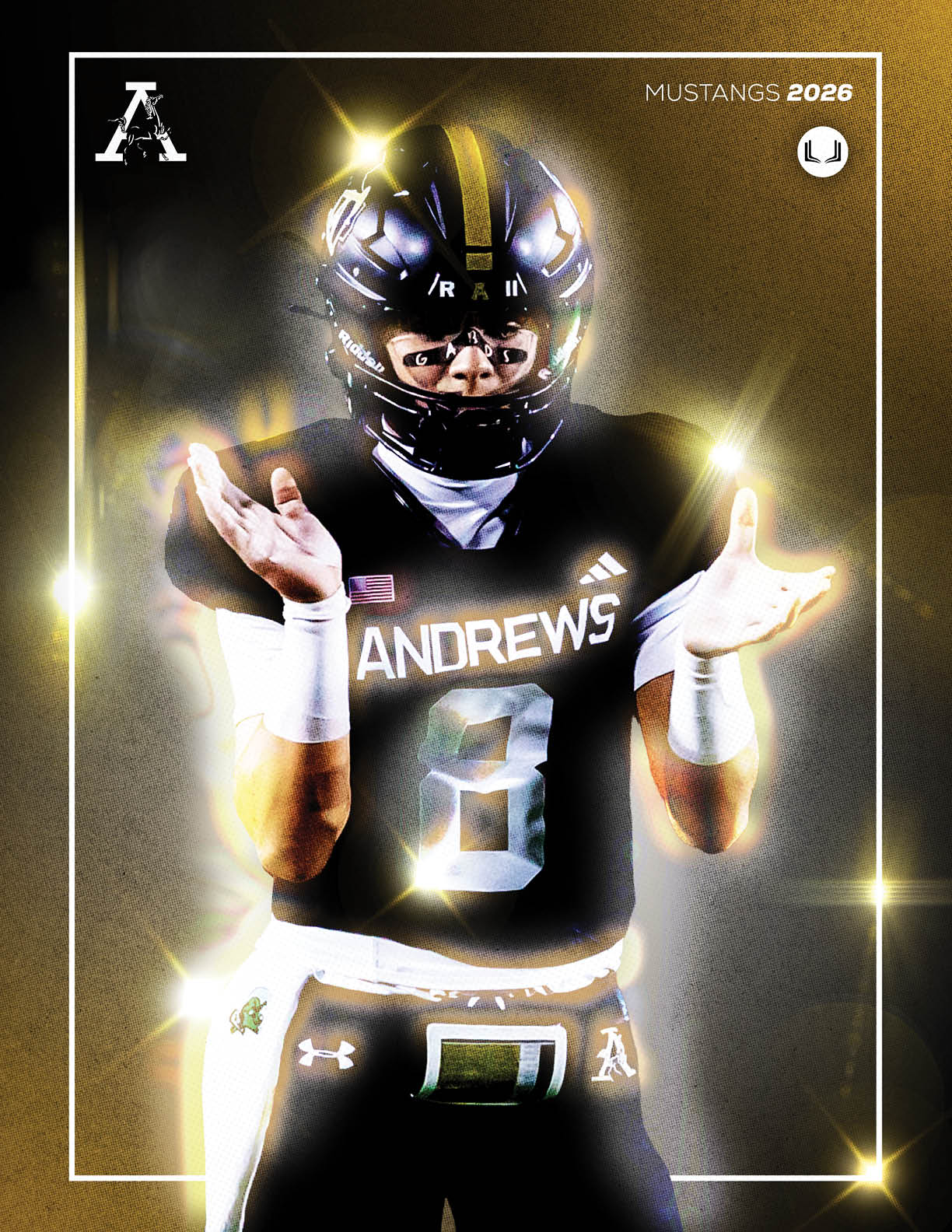 A person wearing a black football uniform with the word Andrews and the number 8 is standing with hands raised and glowing light effects surrounding them. Description generated by AI