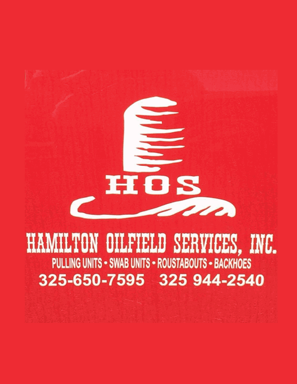 A red background with white text displaying the acronym HOS, the name “Hilton Oilfield Services," and a list of services including drilling units, swab units, roustabouts, and backhoe along with partial phone numbers. Description generated by AI