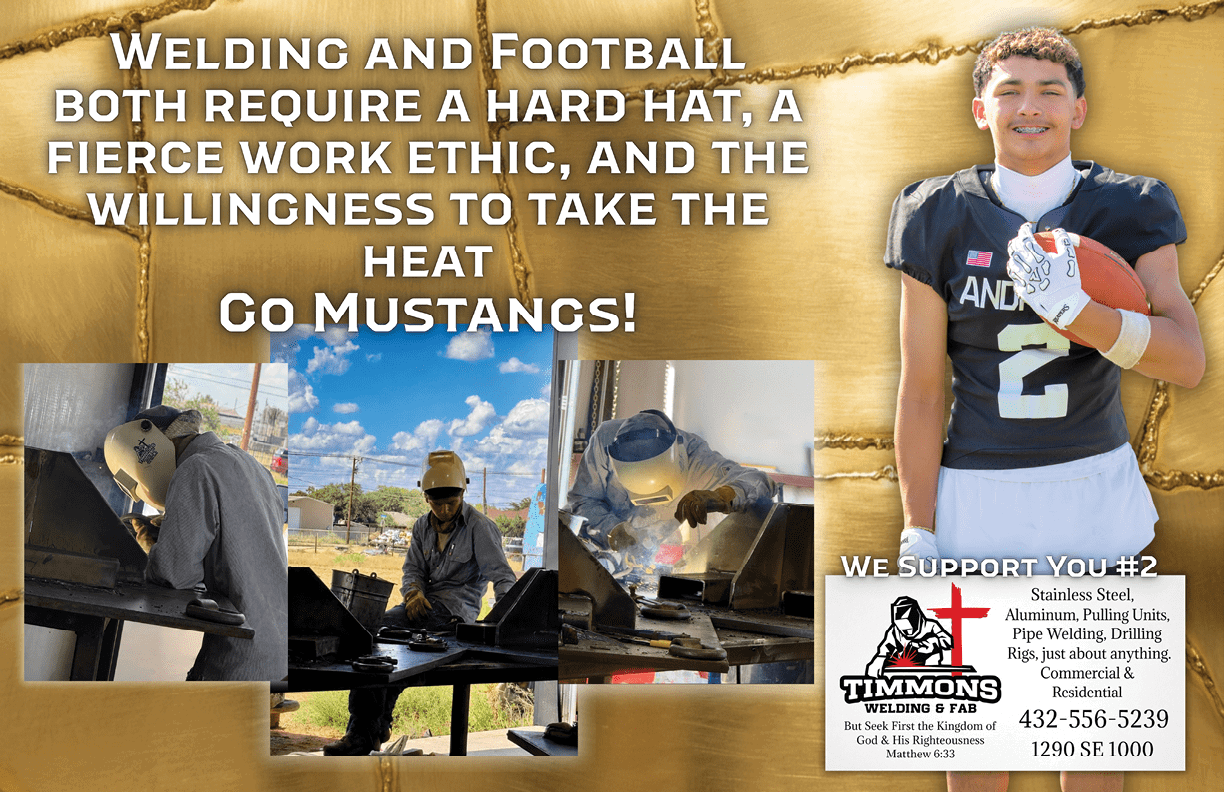 A collage shows people welding and a person in a football uniform holding a football with text highlighting the hard work and dedication required for both welding and football, along with a welding company advertisement. Description generated by AI