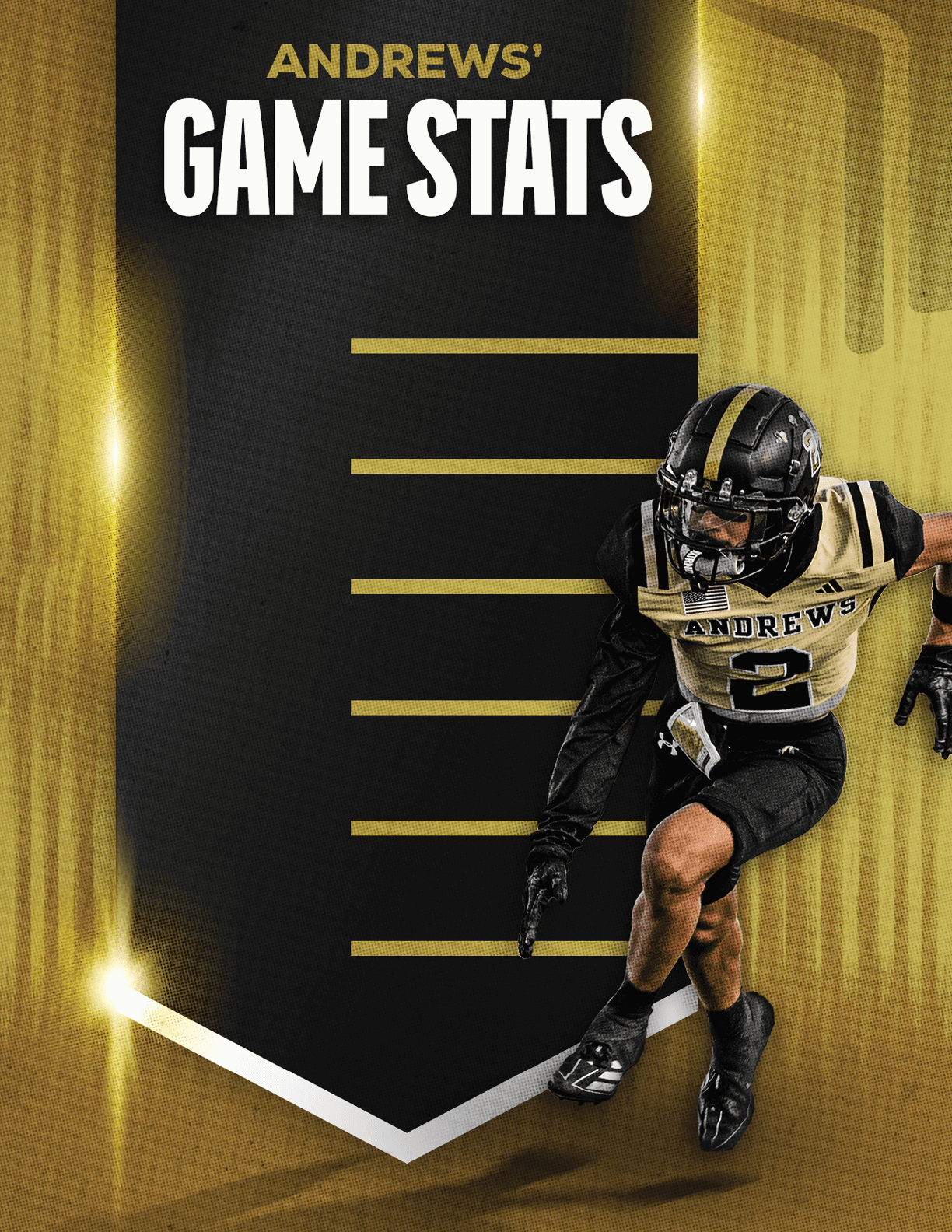 A person in a black and gold football uniform with the name Andrews is posed in an athletic stance next to bold text reading Andrews' Game Stats on a black and gold background. Description generated by AI